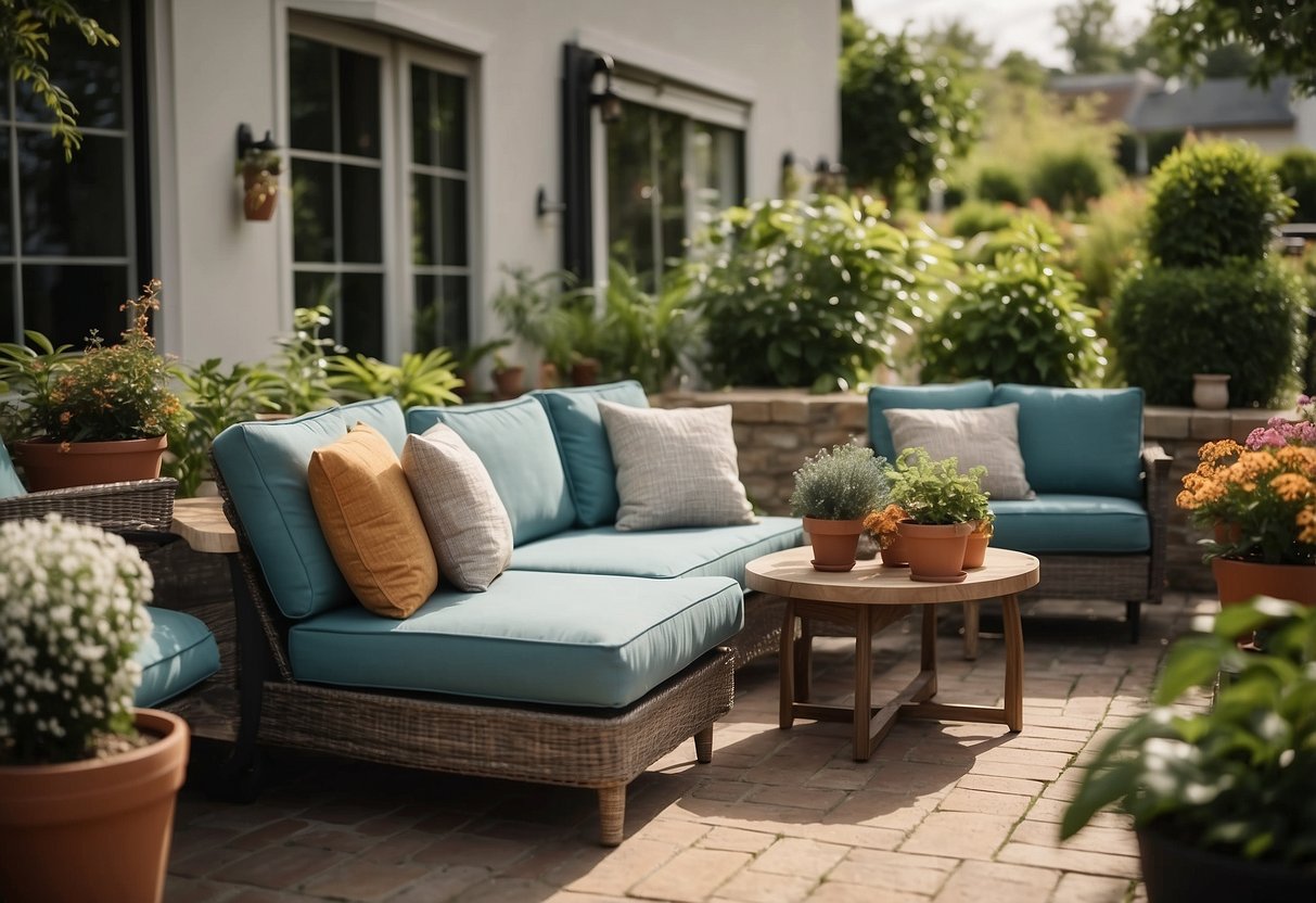 A patio dining set sits on a lush garden patio, surrounded by potted plants and flowers. A cozy lounge area with comfortable cushions invites relaxation and outdoor dining