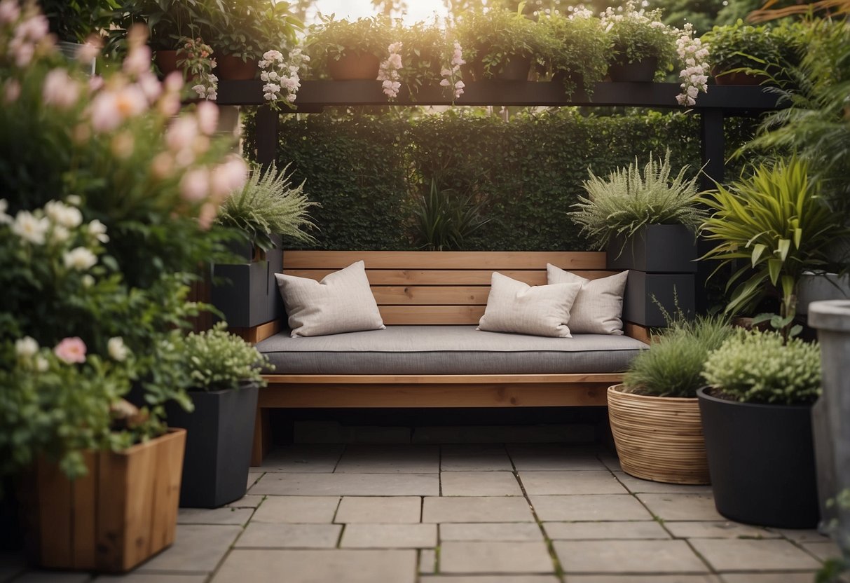 A wooden planter box bench sits in a lush garden patio, surrounded by potted plants and flowers, creating a cozy and inviting outdoor lounge space