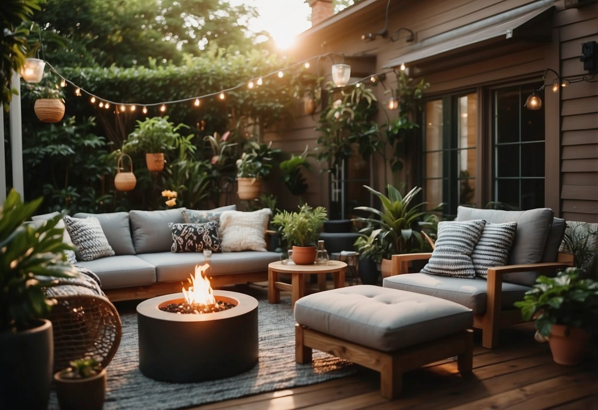 A cozy patio lounge with a wooden deck, comfortable outdoor furniture, potted plants, string lights, and a fire pit surrounded by lush greenery