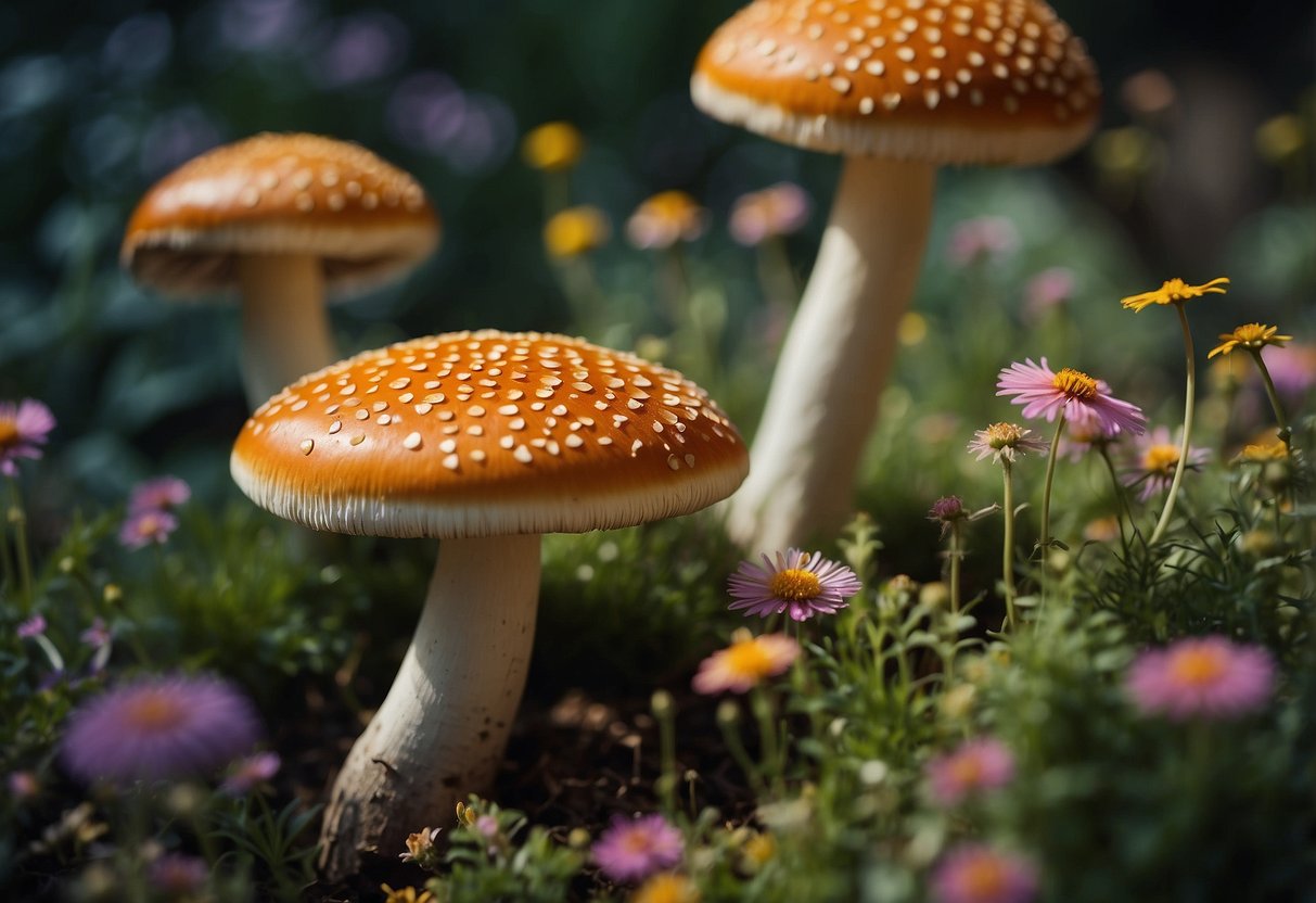 Mushroom seats surrounded by glowing flowers in a whimsical garden