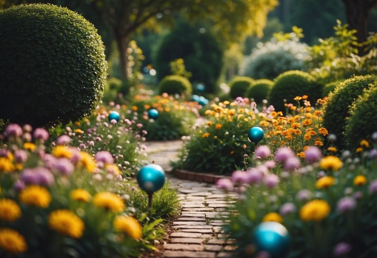 A lush garden with sparkling gazing balls nestled among vibrant flowers and winding paths, creating a magical and enchanting atmosphere