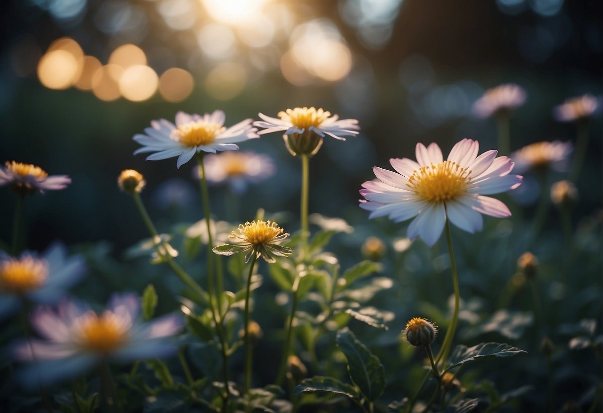 Luminous flowers bloom in a whimsical garden, casting a soft, enchanting glow in the moonlight