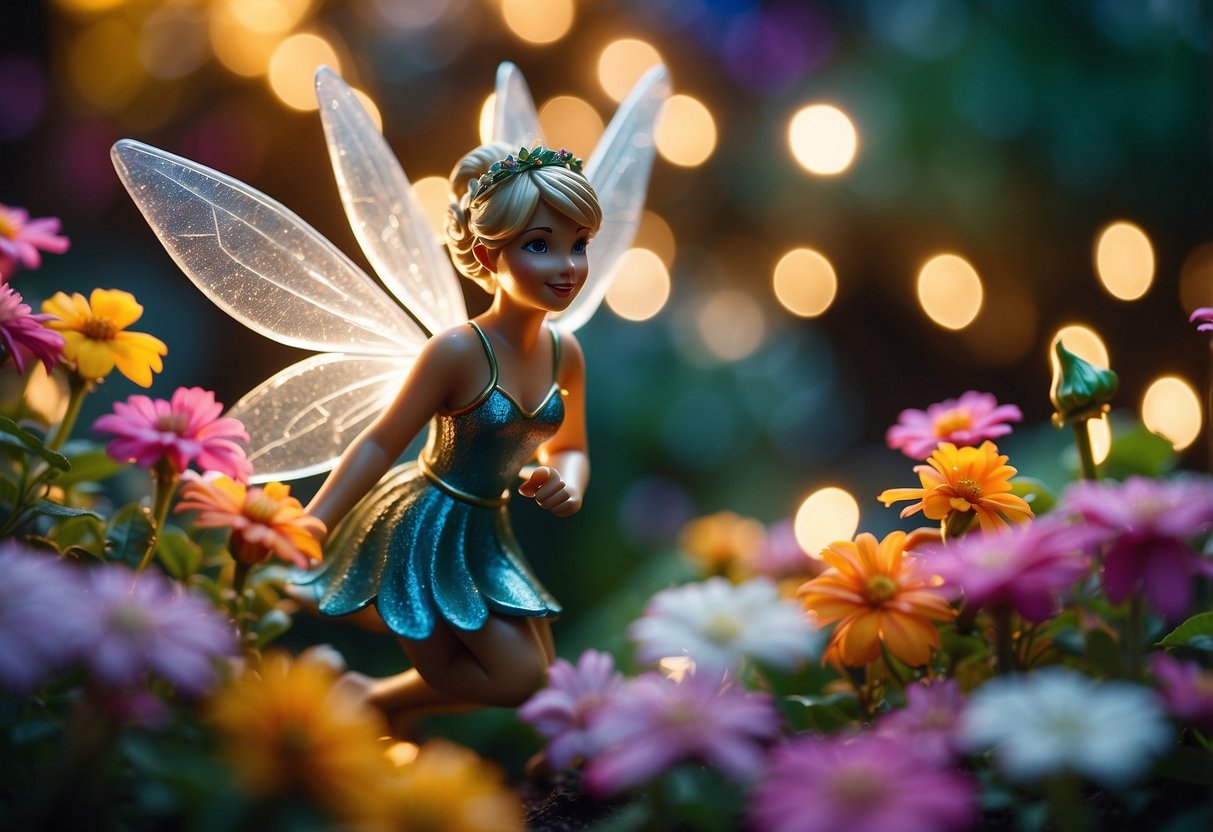 A sparkling Tinkerbell statue surrounded by colorful flowers and twinkling fairy lights in a whimsical garden setting