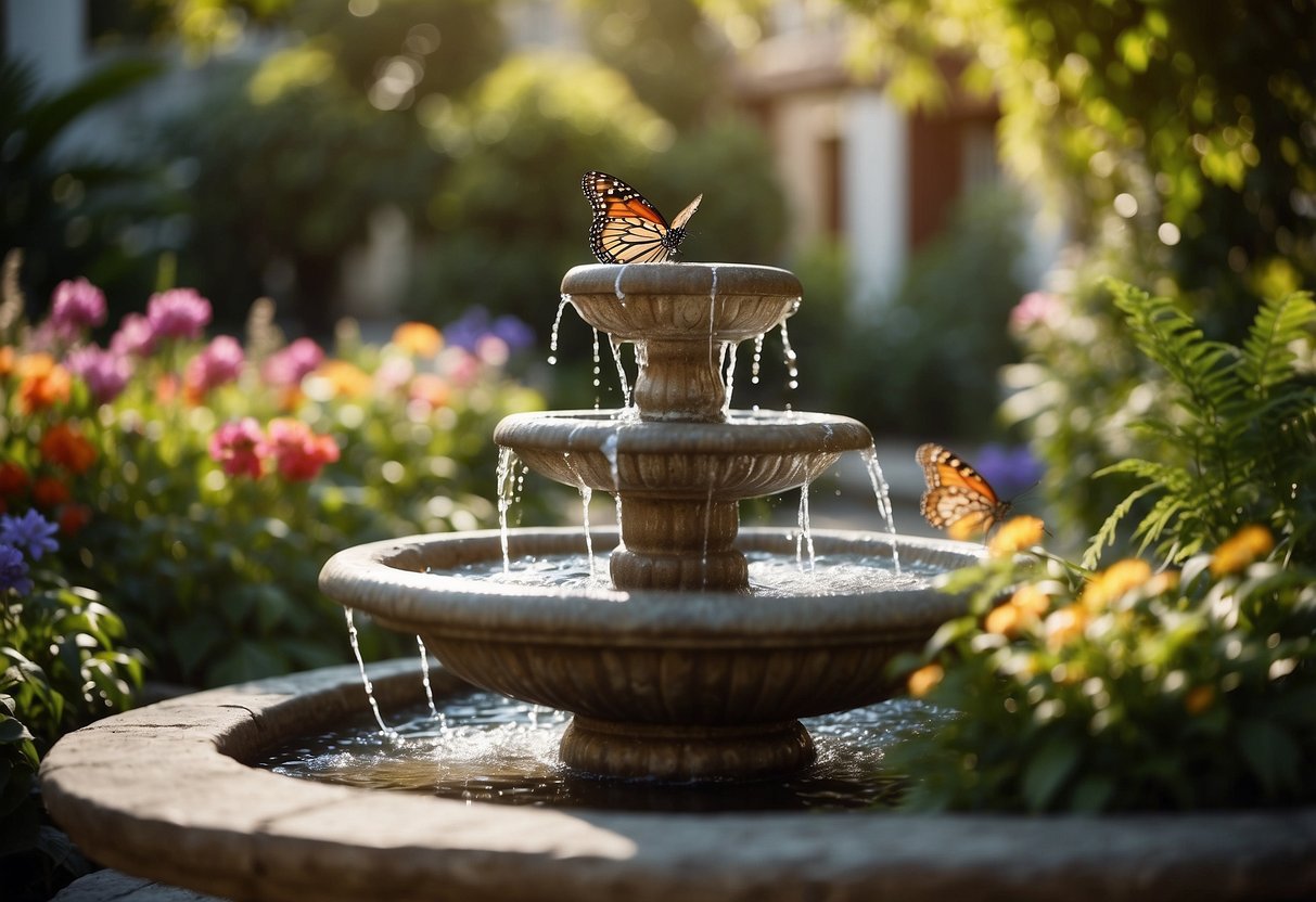 Lush greenery surrounds a bubbling fountain, colorful flowers bloom, and butterflies flutter among the plants in a magical garden