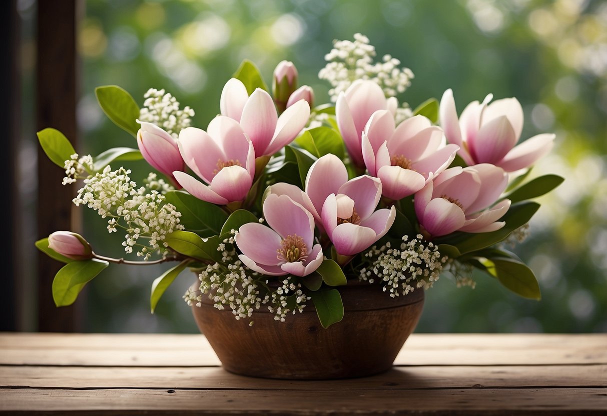 Vibrant magnolia blossoms arranged in a rustic vase, surrounded by lush green foliage and delicate baby's breath