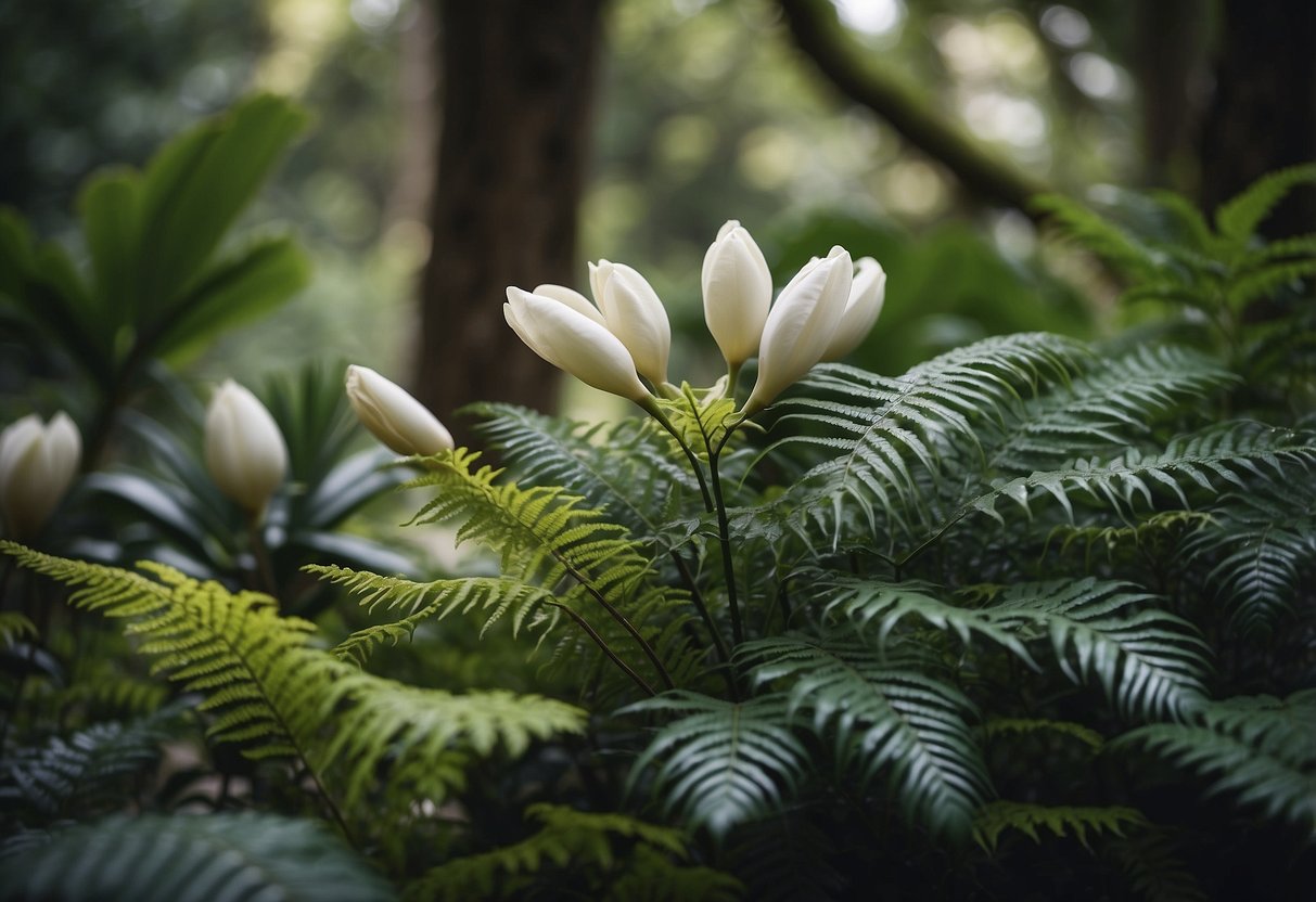 A lush garden with vibrant magnolia and ferns intertwining, creating a beautiful mix of textures and colors