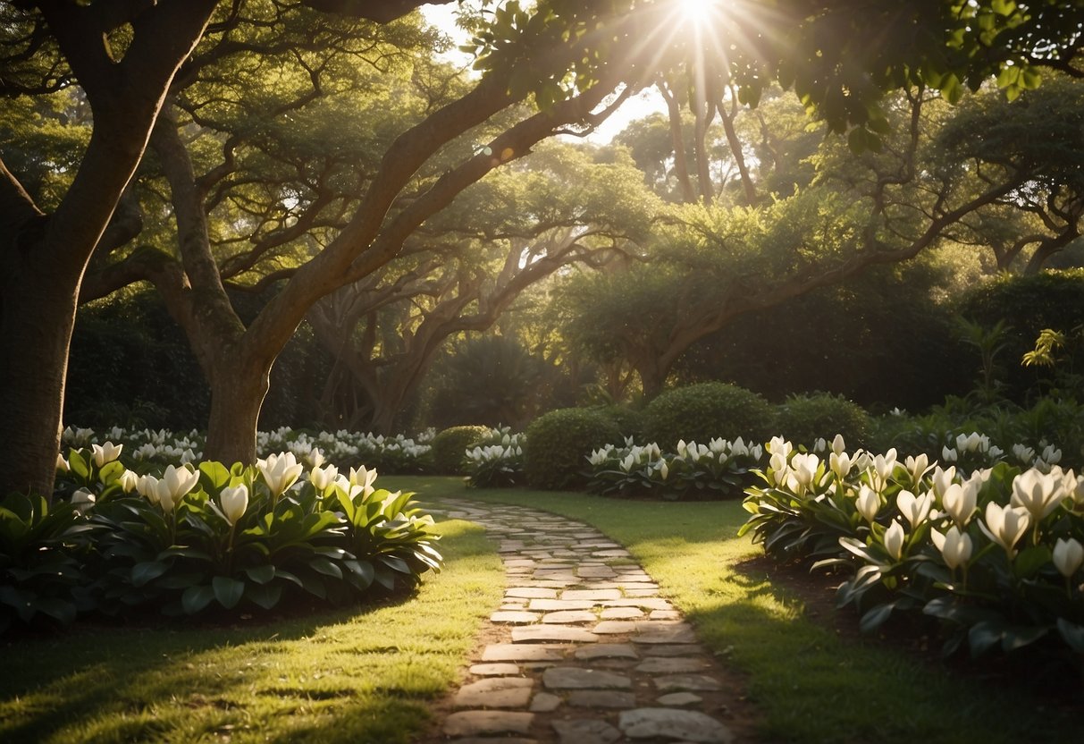 A tranquil garden with lush magnolia foliage providing shade and serenity. Sunlight filters through the leaves, creating dappled patterns on the ground