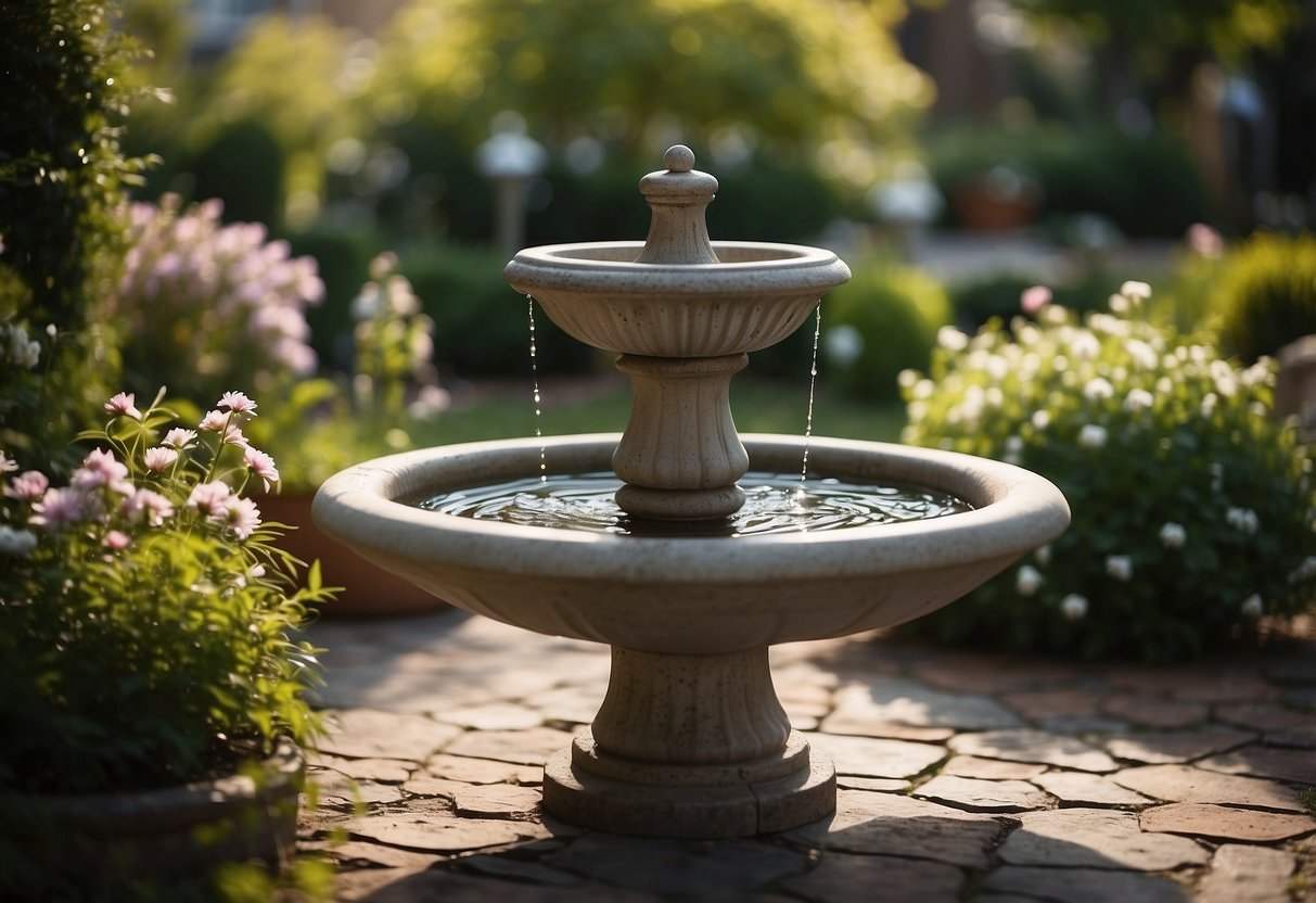 A serene garden with sparkling, clean bird baths surrounded by fresh greenery and blooming flowers