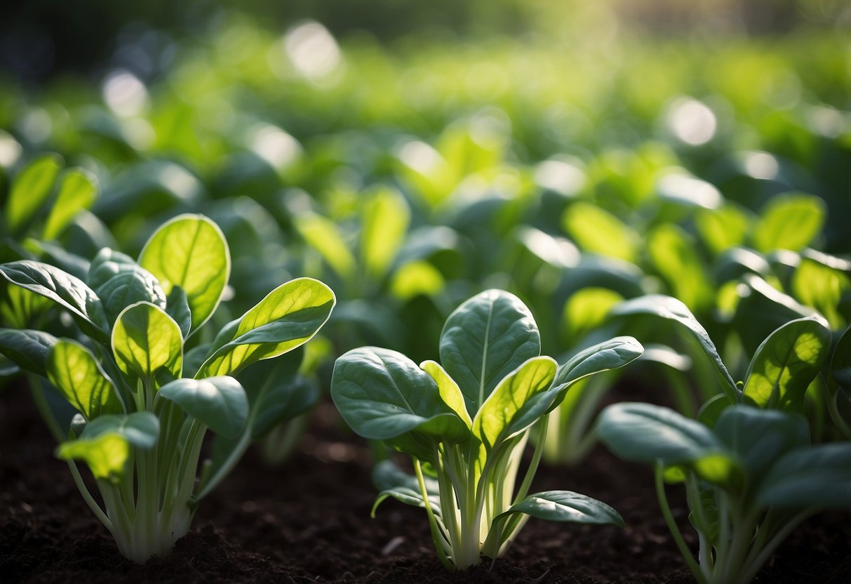 Lush green spinach plants growing in a sunny outdoor garden in March