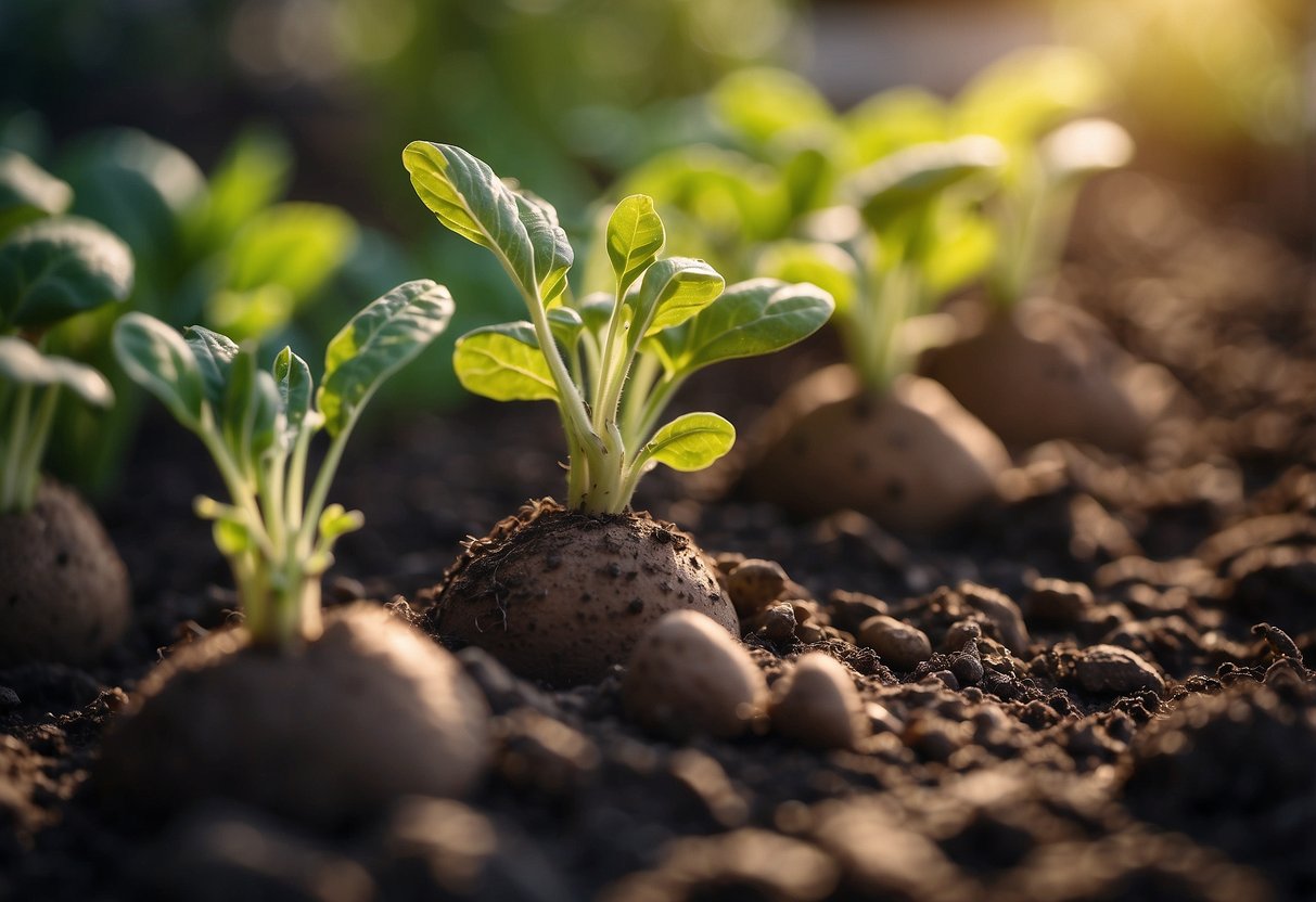 Potatoes sprouting in a garden bed, surrounded by other plants