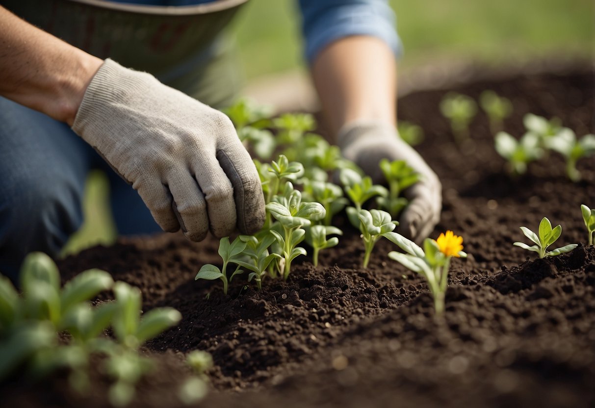 A gardener carefully digs small holes, placing seedlings into the rich soil. Nearby, a watering can sits ready to nourish the newly planted garden