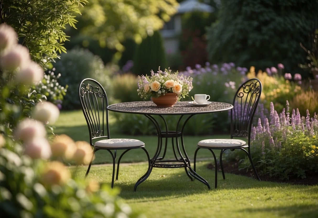 A vintage garden set, including a wrought iron table and chairs, sits on a neatly manicured lawn surrounded by blooming flower beds