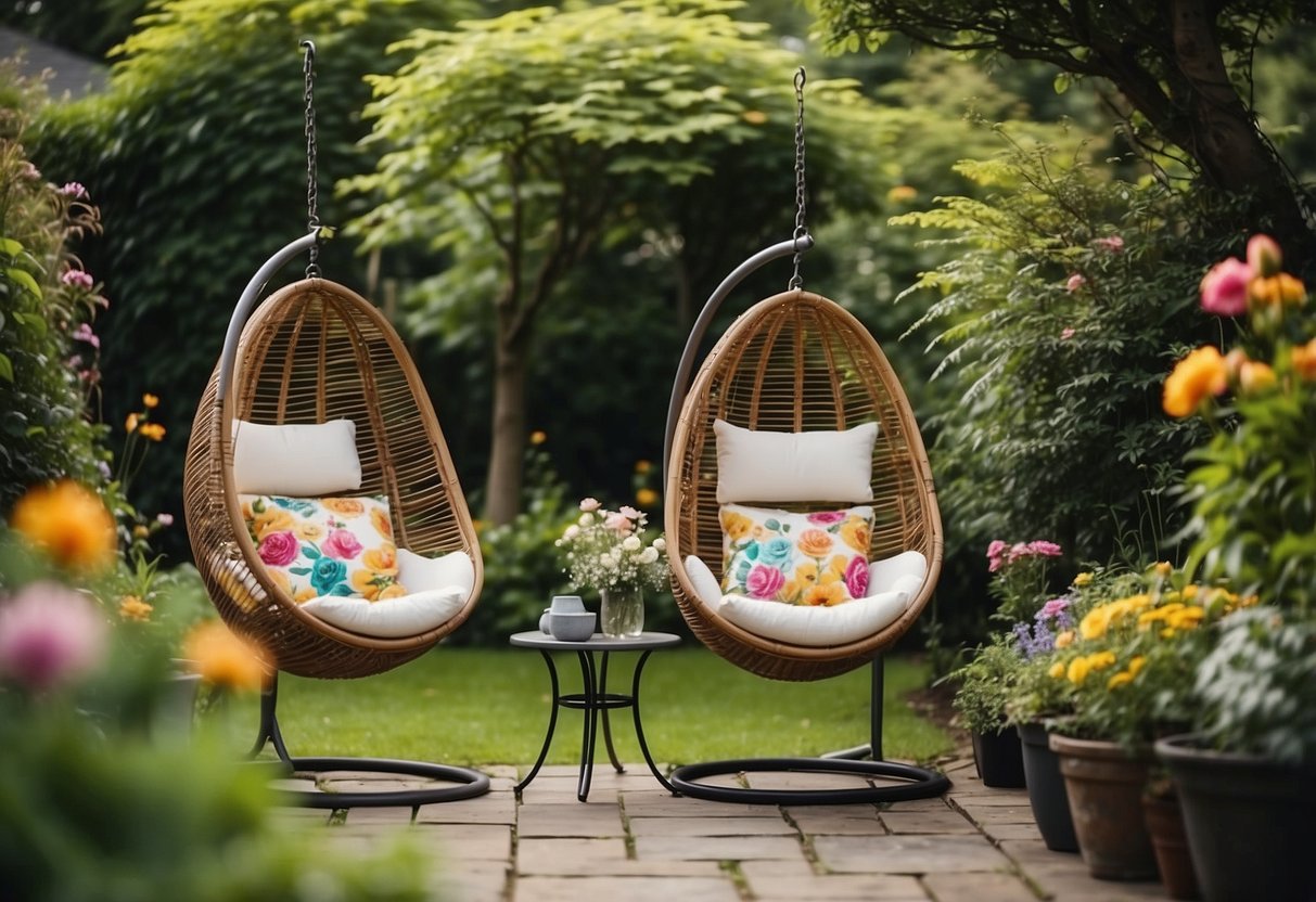 Two hanging egg chairs sit in a modern UK garden, surrounded by lush greenery and colorful flowers. The chairs are stylish and inviting, adding a touch of relaxation to the outdoor space