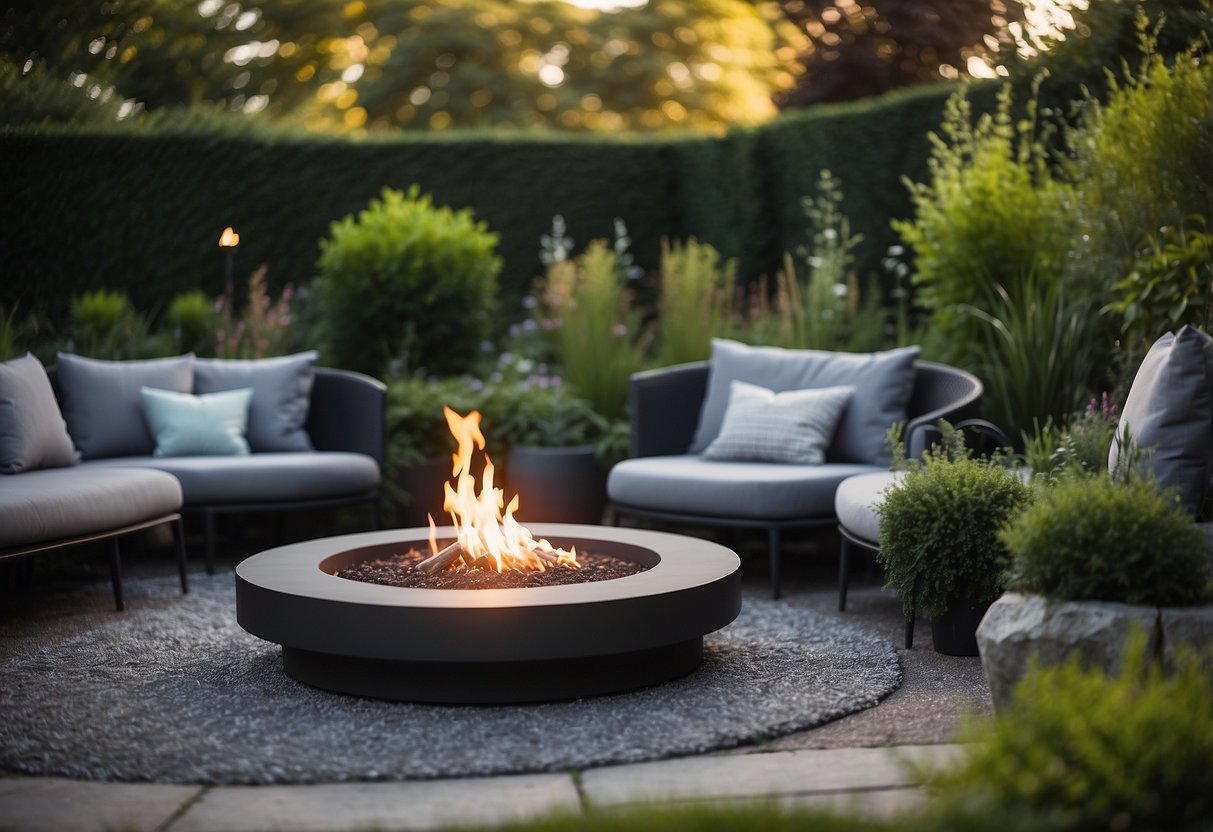 A modern UK garden with sleek fire pits surrounded by contemporary outdoor furniture and lush greenery