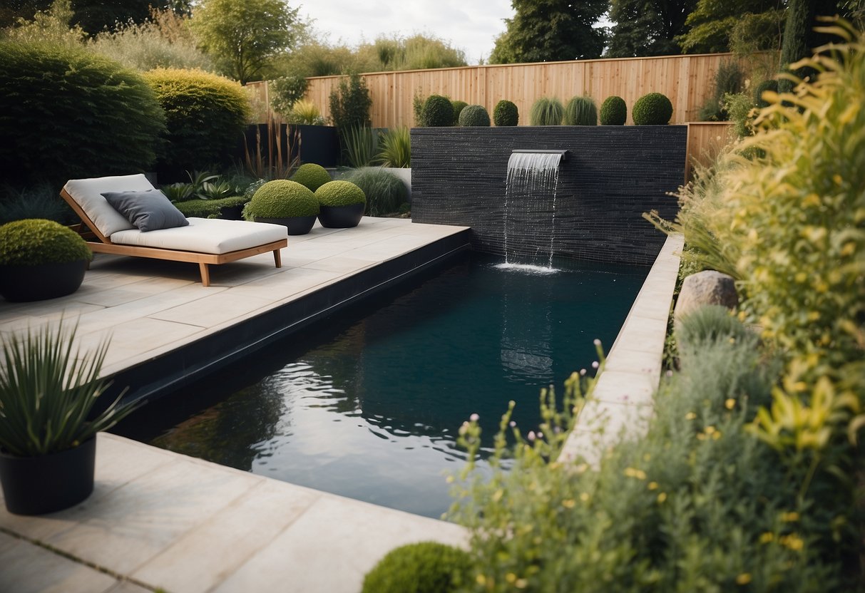 A sleek water feature sits amidst a contemporary UK garden, surrounded by clean lines and minimalist landscaping