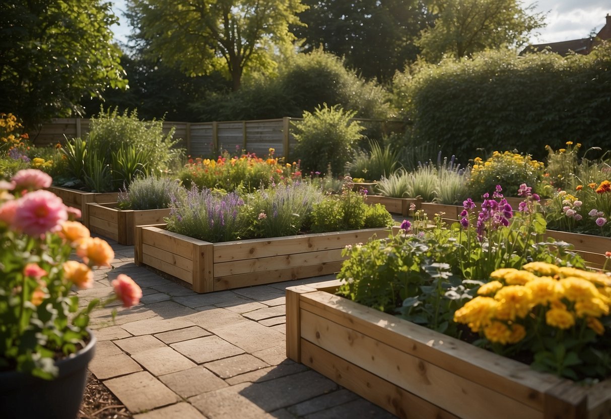 Four raised planter beds arranged in a modern UK garden, filled with a variety of colorful flowers and lush green plants