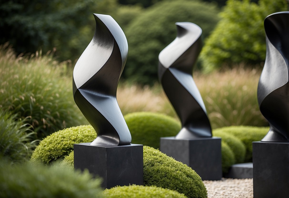 A collection of sleek and abstract outdoor sculptures, set against a backdrop of lush greenery and modern landscaping, creating a contemporary and artistic atmosphere in a UK garden