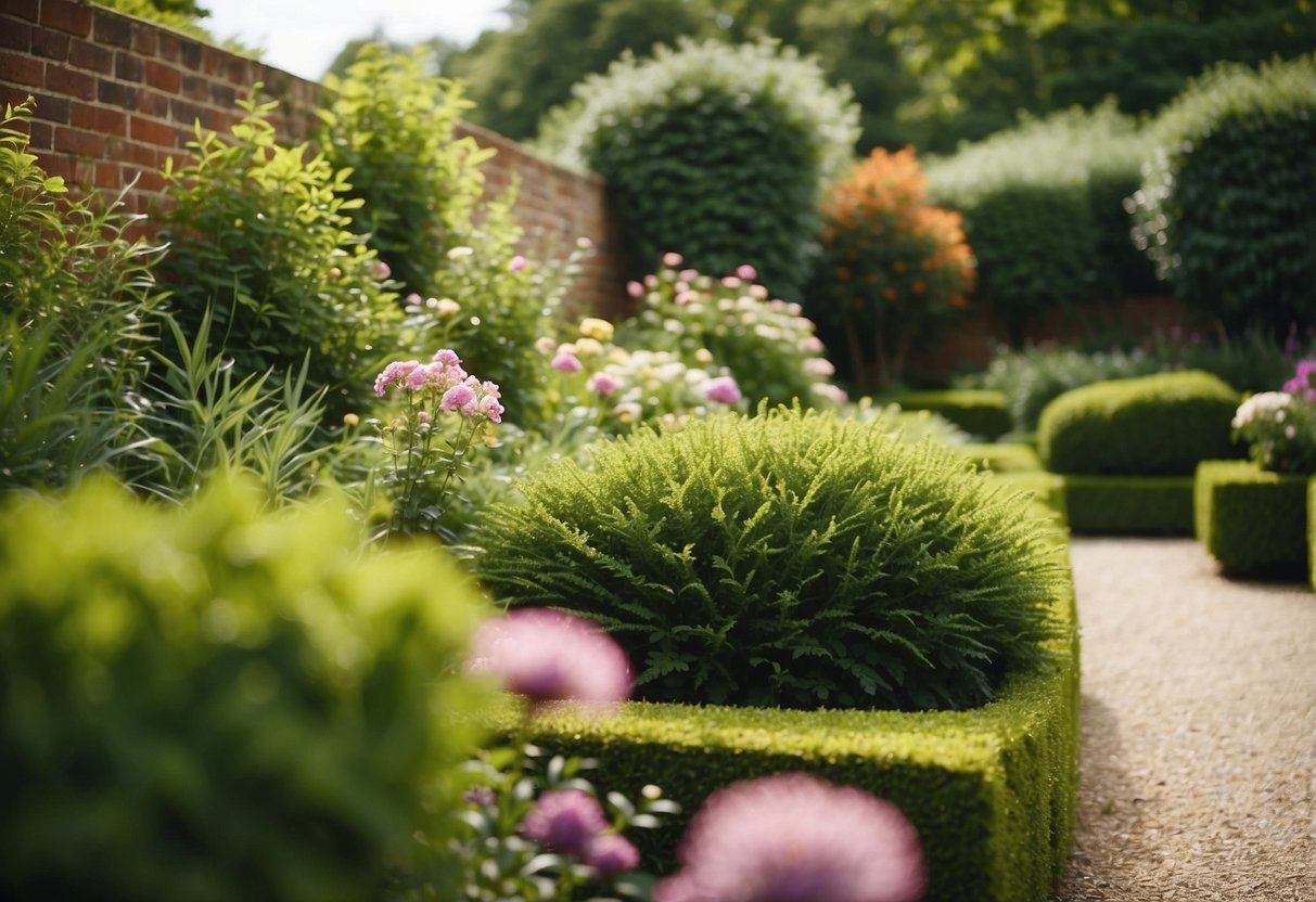 Lush green plants and foliage fill a modern UK garden, with vibrant flowers and neatly trimmed hedges creating a peaceful and inviting outdoor space