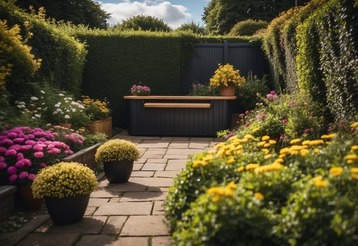 A modern UK garden with trimmed hedges, colorful flowers, and neatly arranged patio furniture. A compost bin and rain barrel are tucked away in a corner