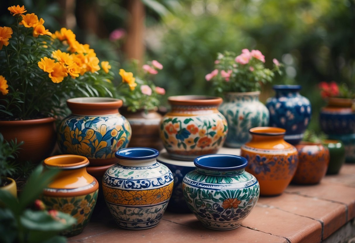 Vibrant Talavera pots arranged in a Mexican garden, surrounded by lush greenery and blooming flowers