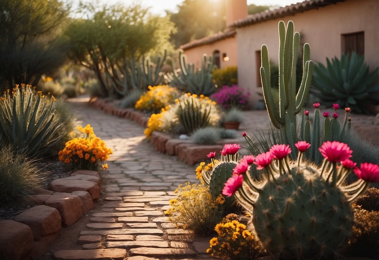 An adobe brick pathway winds through a vibrant Mexican garden, bordered by colorful flowers and cacti. The sun casts a warm glow on the rustic, earthy tones of the pathway