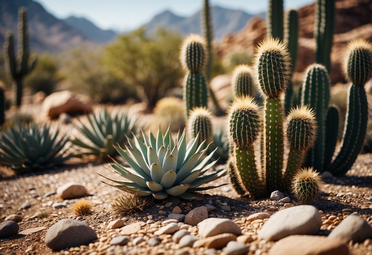 A desert garden with cacti and agave plants arranged in neat beds, surrounded by gravel and rocks