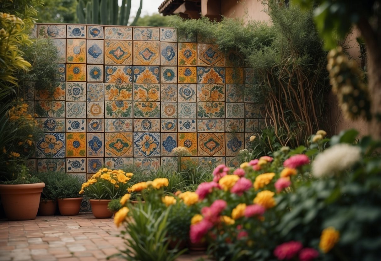 Vibrant Mexican tile murals adorn an outdoor garden, featuring colorful patterns and traditional designs. Lush greenery and blooming flowers surround the decorative tiles, creating a lively and inviting atmosphere