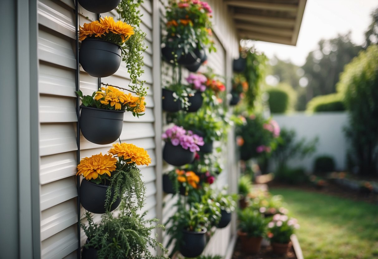 Several vertical hanging planters adorn the exterior of a mobile home, creating a lush and vibrant garden space