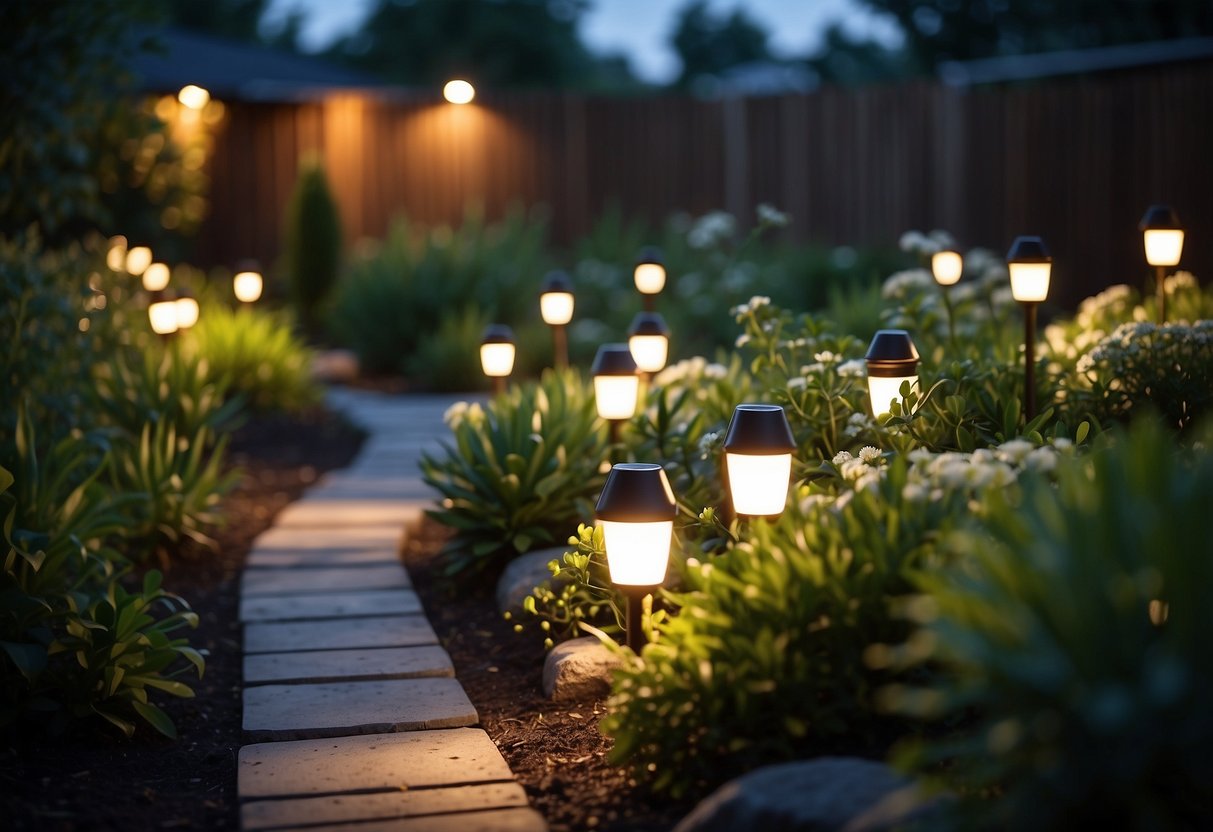 A backyard garden with solar-powered lights illuminating the pathway and surrounding plants, creating a warm and inviting atmosphere