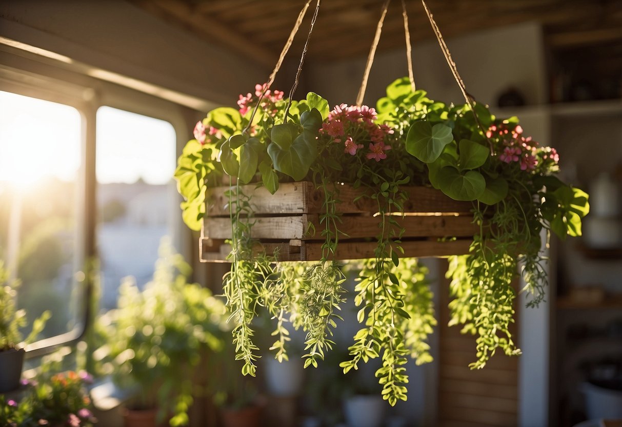 A pallet garden hangs from the ceiling of a mobile home, filled with vibrant flowers and herbs. The sunlight filters through the windows, casting a warm glow on the greenery