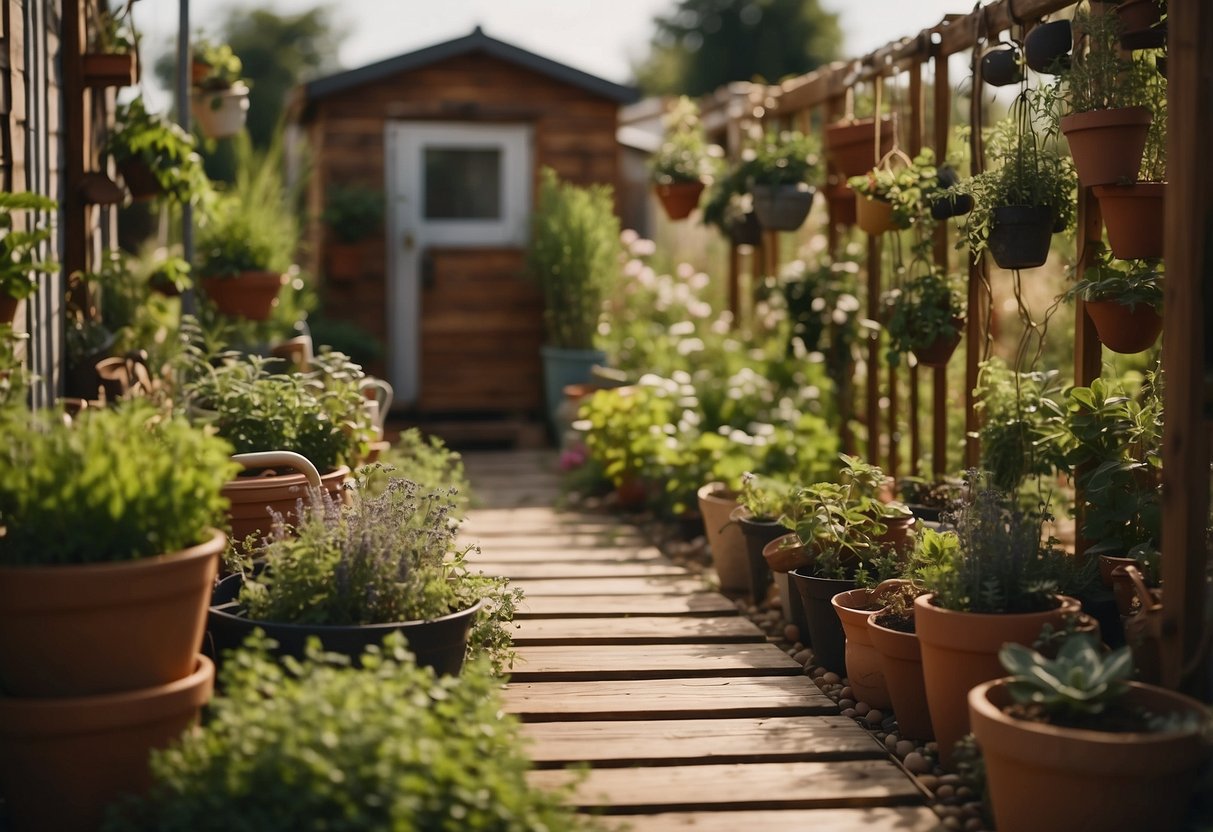 A small mobile home garden with various herbs in pots, hanging from a wooden trellis. Surrounding the garden are small decorative stones and a pathway