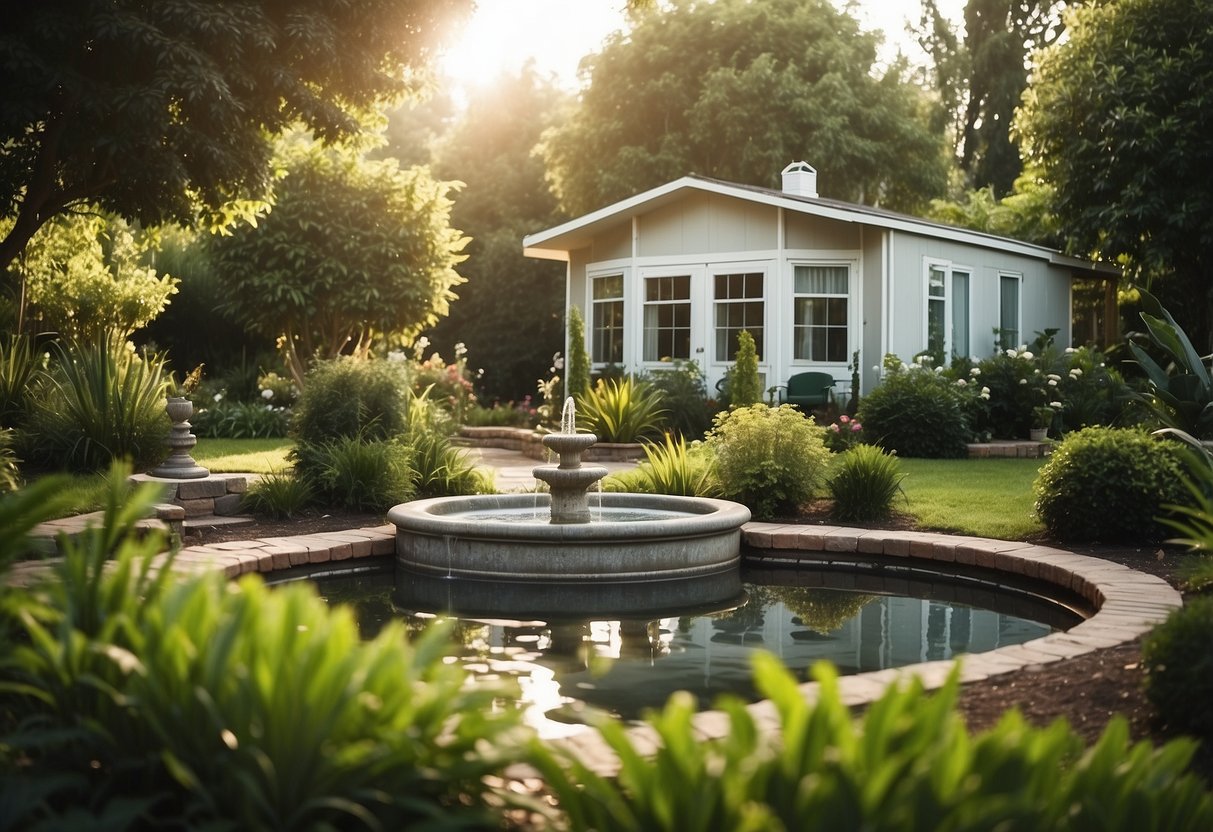 A serene garden with a mobile home surrounded by lush greenery, featuring a tranquil outdoor water fountain as the focal point