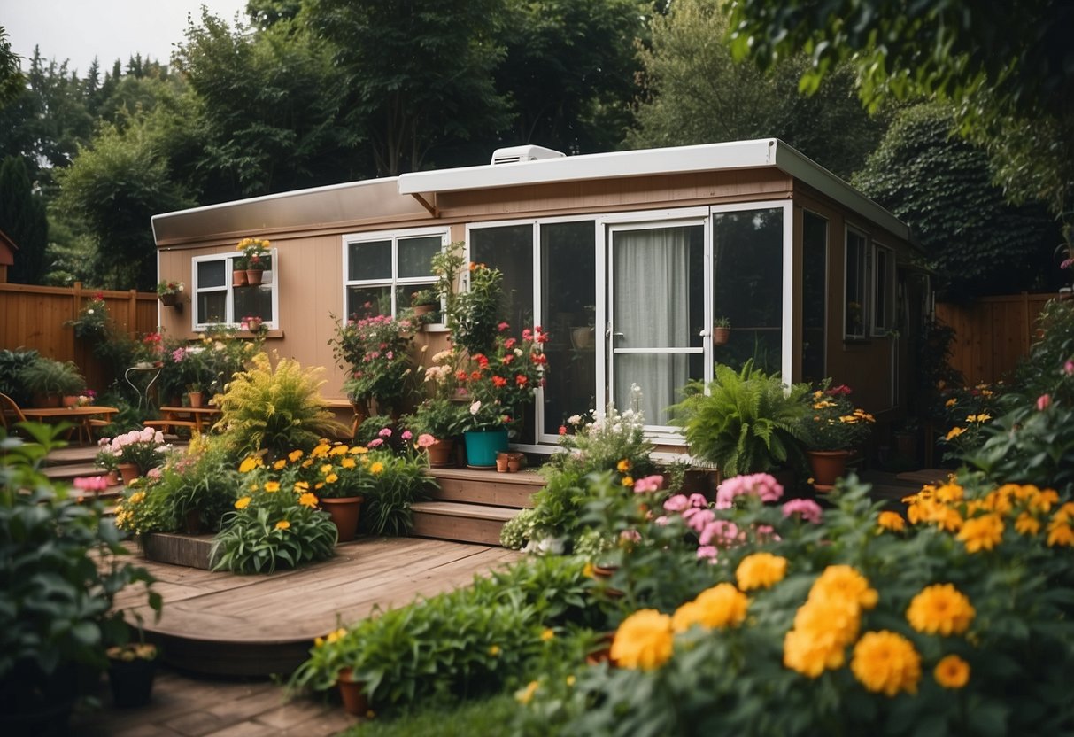 A cozy mobile home surrounded by lush greenery and colorful flowers, with a small patio area and potted plants