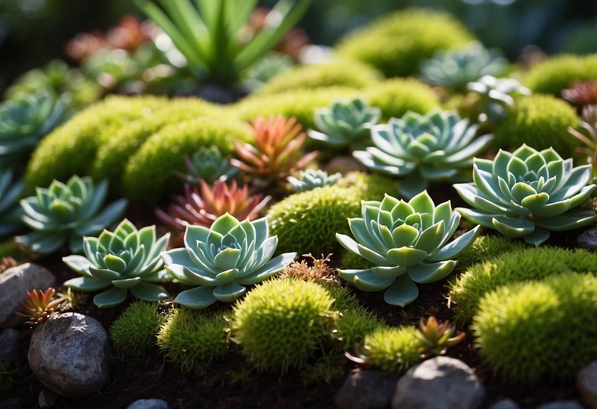 Succulents and moss intertwine in a lush, green garden bed. The moss forms a soft carpet beneath the vibrant succulents, creating a harmonious and natural scene