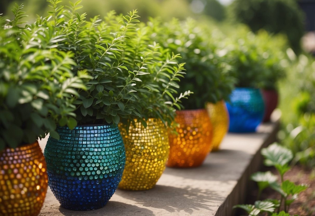 Vibrant glass bead planters arranged in a mosaic pattern, nestled among lush greenery in a garden