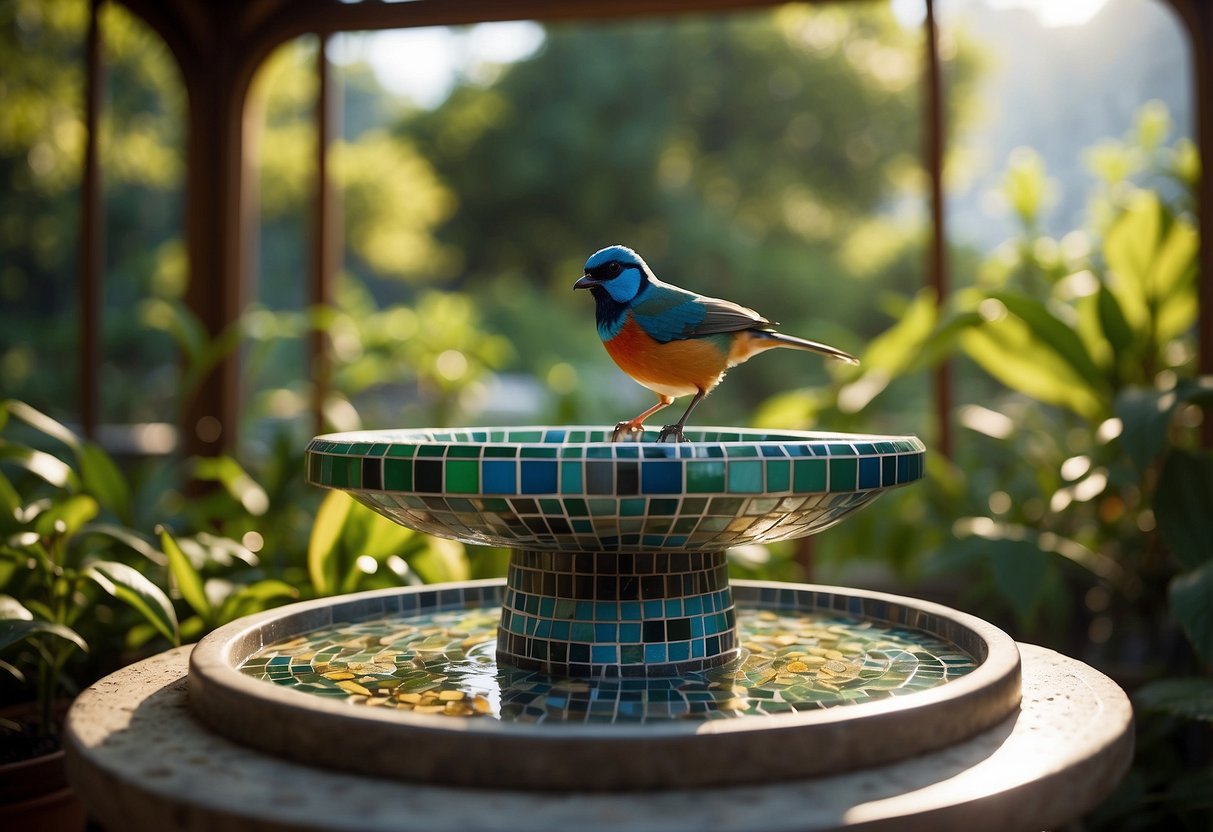 Colorful bird baths stand among lush greenery, reflecting sunlight through stained glass mosaics