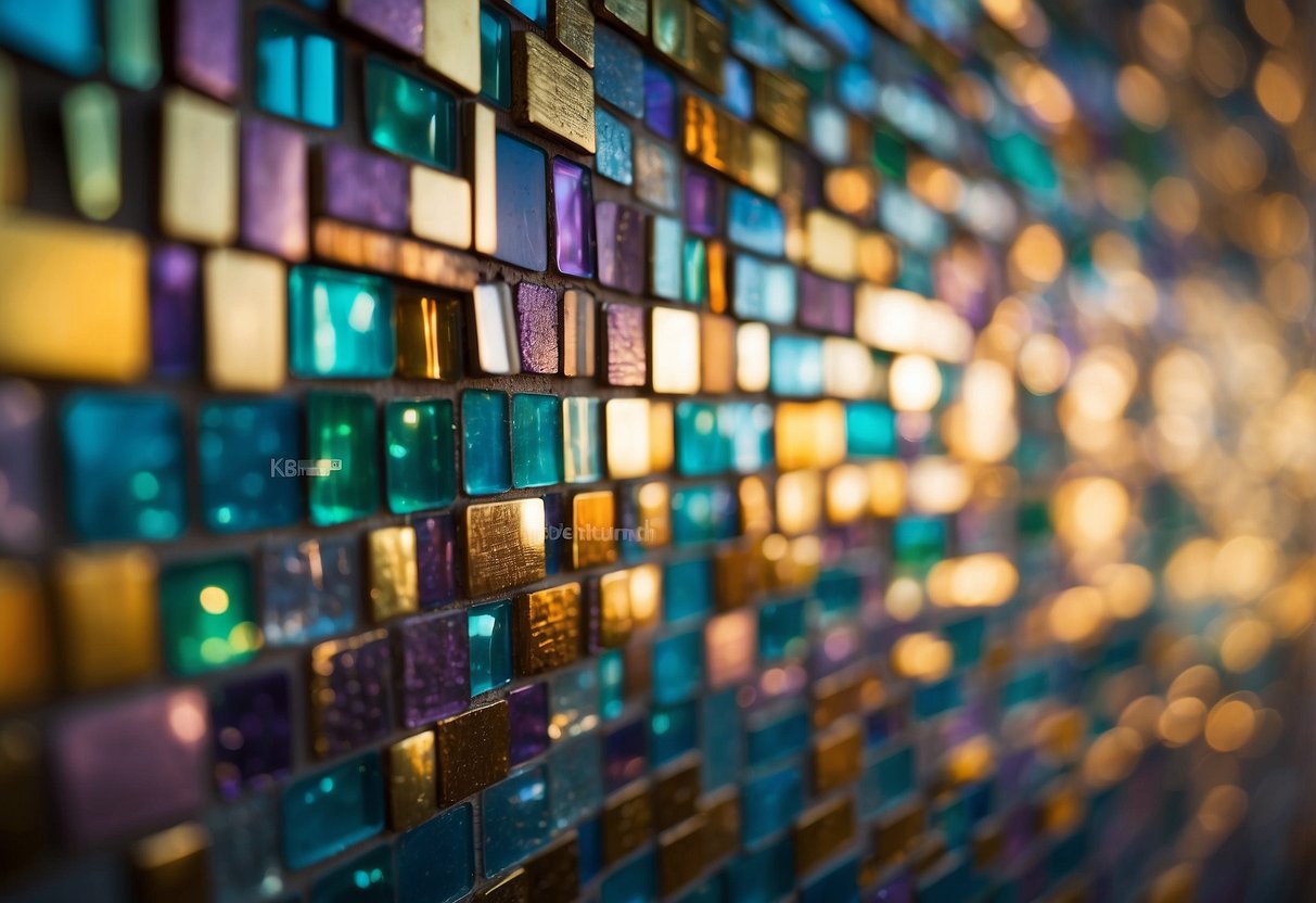 A wall covered in mirror mosaic tiles reflects the surrounding garden, creating a stunning and vibrant display of light and color