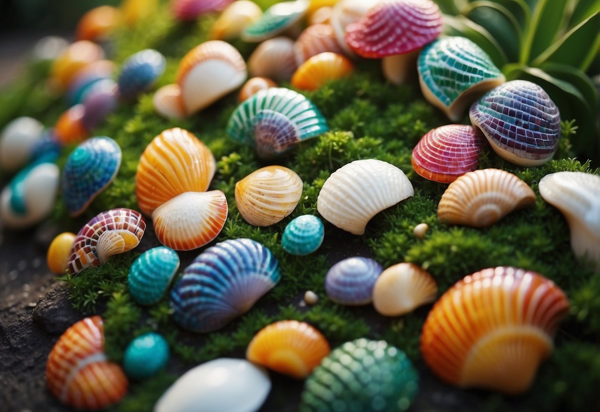 Vibrant shell mosaic sculptures adorn a lush garden, creating a stunning display of color and texture