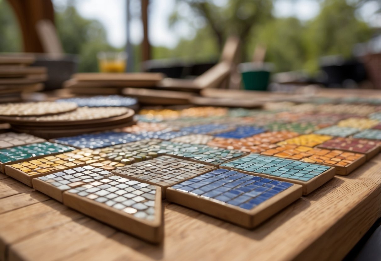 Various colorful tiles, adhesive, grout, and a wooden base are spread out on a table, ready for creating a mosaic garden design