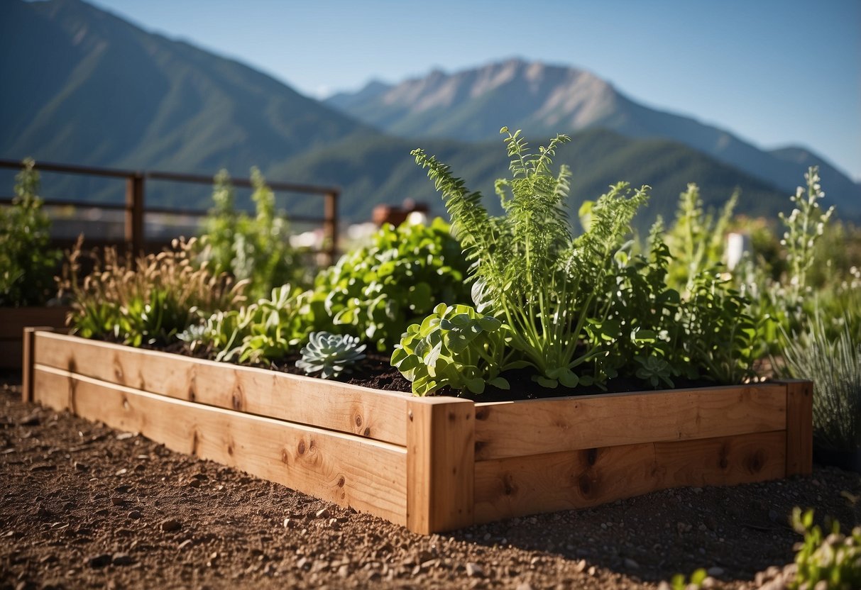 Lush green plants fill raised bed planters in a Montana garden, surrounded by rugged mountains and a clear blue sky