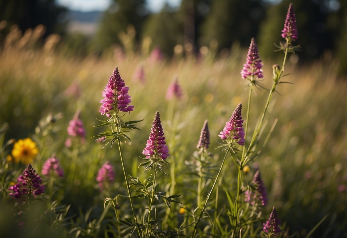 Colorful native wildflowers bloom in a Montana garden, surrounded by lush greenery and tall grasses. The flowers range from vibrant reds and purples to soft pinks and yellows, creating a beautiful and natural landscape