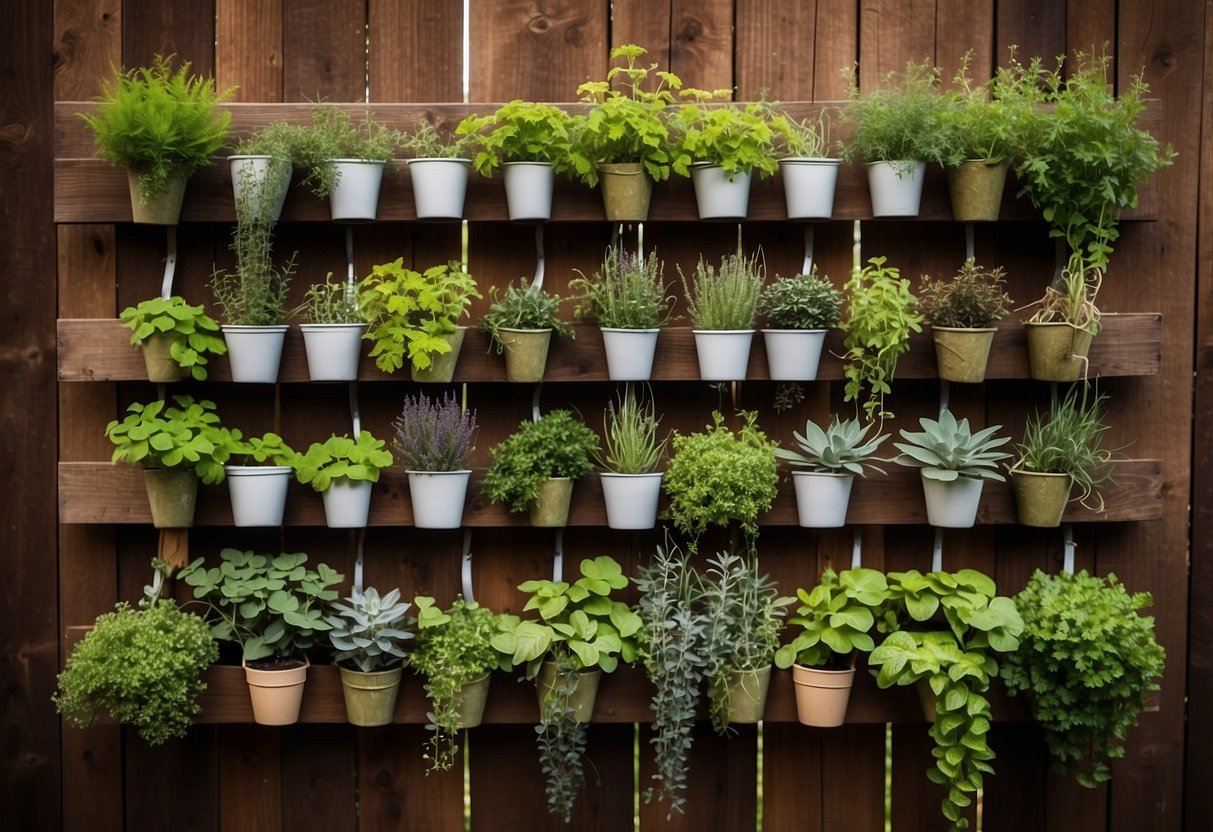 A vertical herb garden hangs on a wooden fence in a Montana backyard, with various herbs and plants cascading down in a lush display