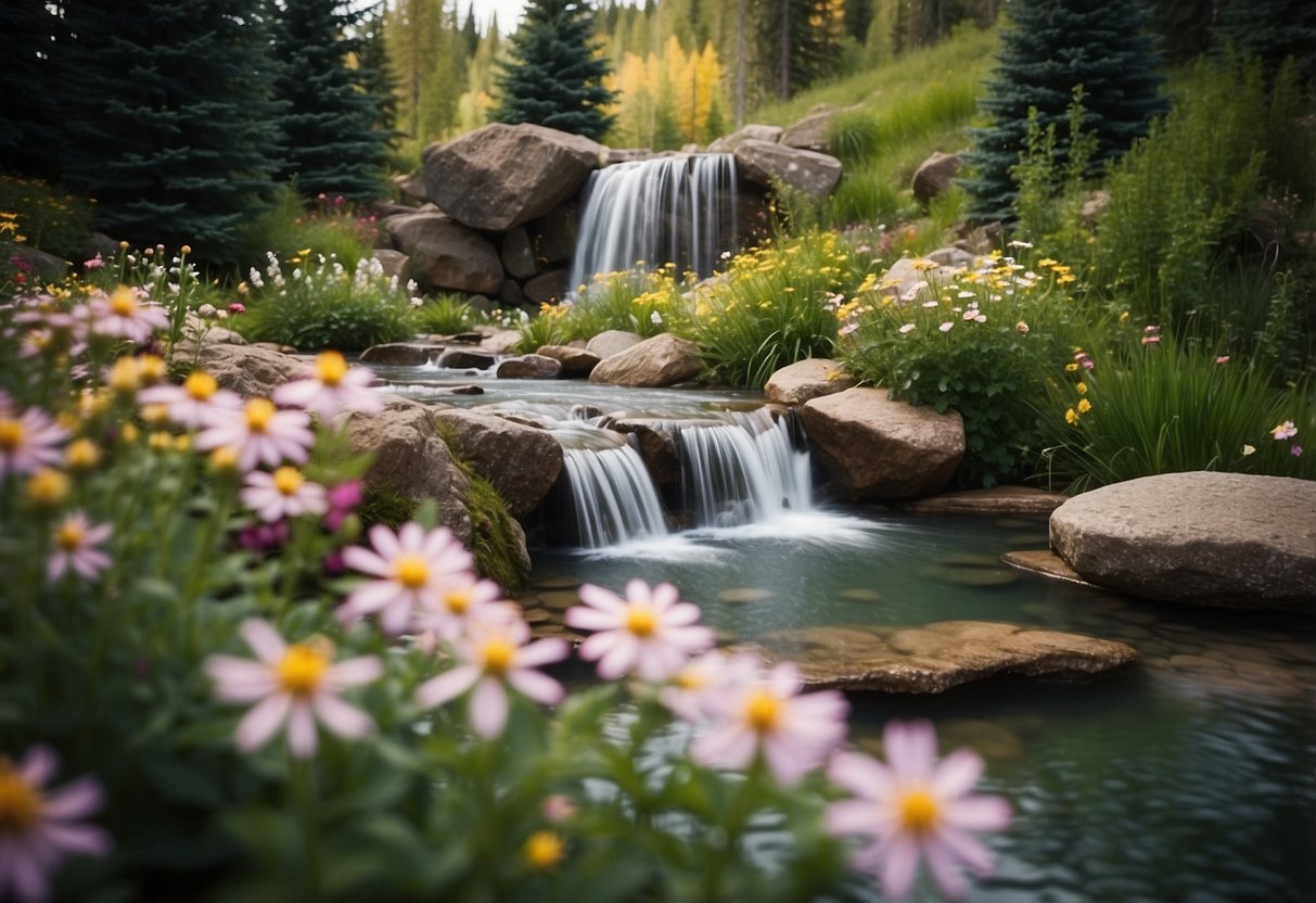 A tranquil garden with a flowing stream, cascading waterfall, and serene pond surrounded by lush greenery and colorful flowers in Montana