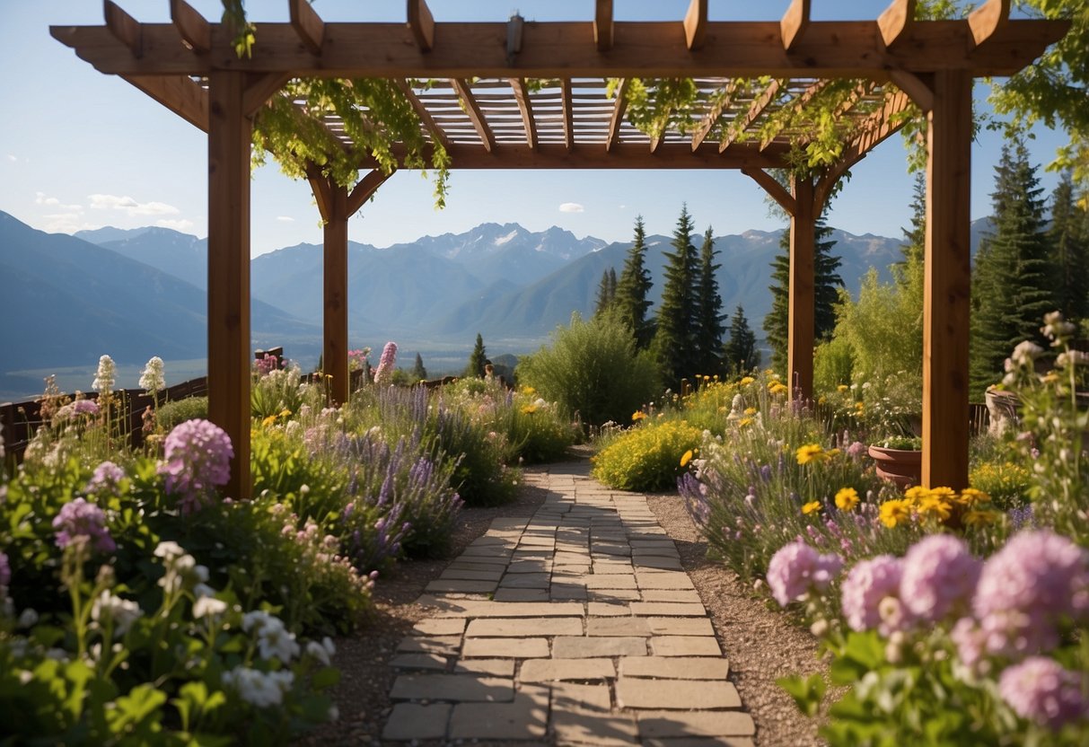 A lush garden with a wooden pergola, surrounded by blooming flowers and greenery, set against the backdrop of the Montana mountains