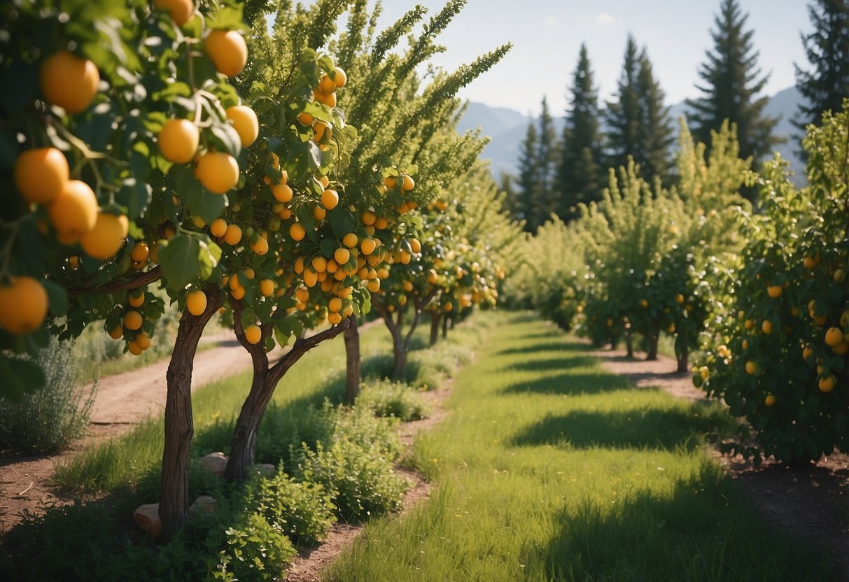 Lush fruit trees dot a serene Montana garden, with vibrant blooms and ripe produce