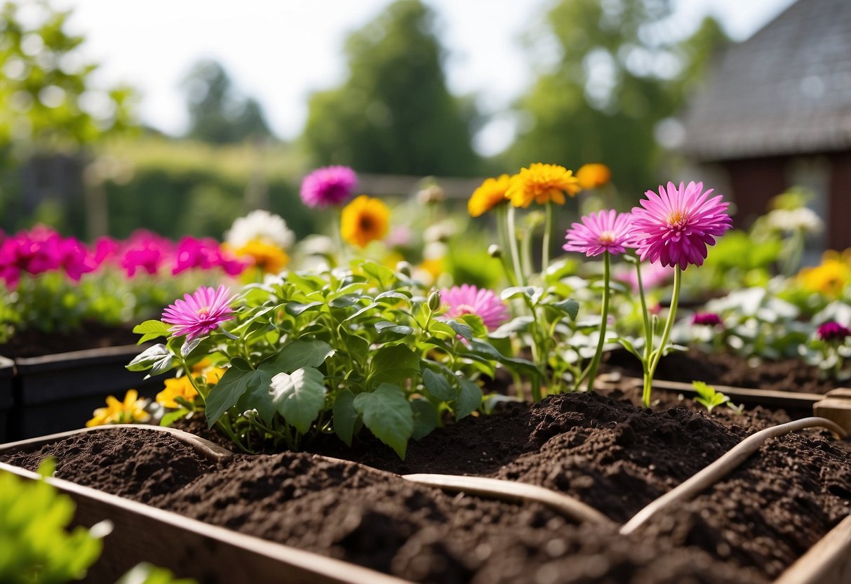 A bustling garden with multiple compost stations set up, surrounded by lush greenery and blooming flowers. Various gardening tools and materials are scattered around the area