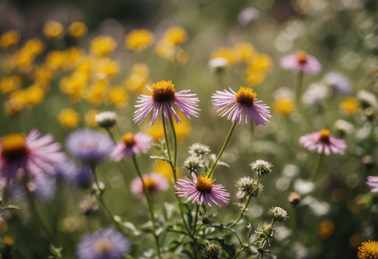 A variety of native wildflowers bloom in a well-maintained garden in Montana. Bees, butterflies, and other pollinators flit from flower to flower, creating a vibrant and colorful scene