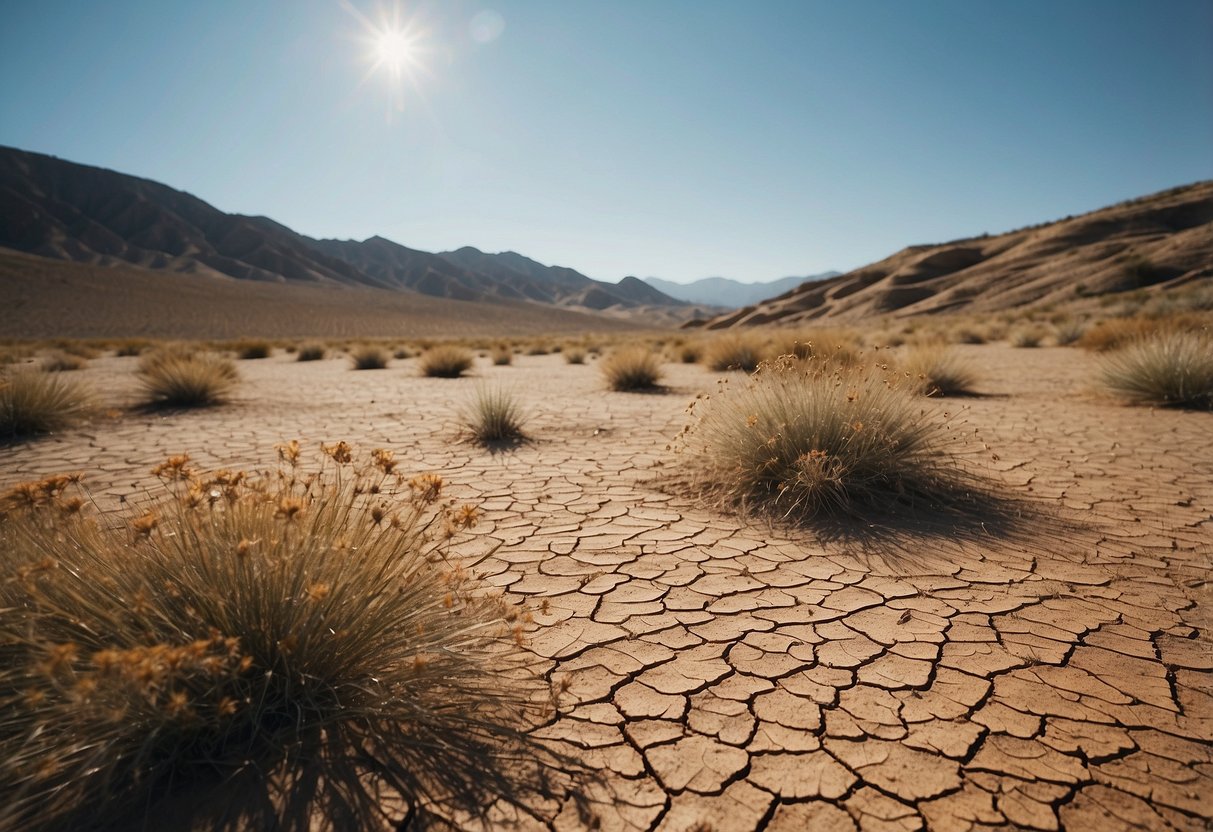 A sunny, arid landscape with rolling hills, sparse vegetation, and a clear blue sky. The ground is dry and dusty, with occasional patches of hardy, drought-resistant plants