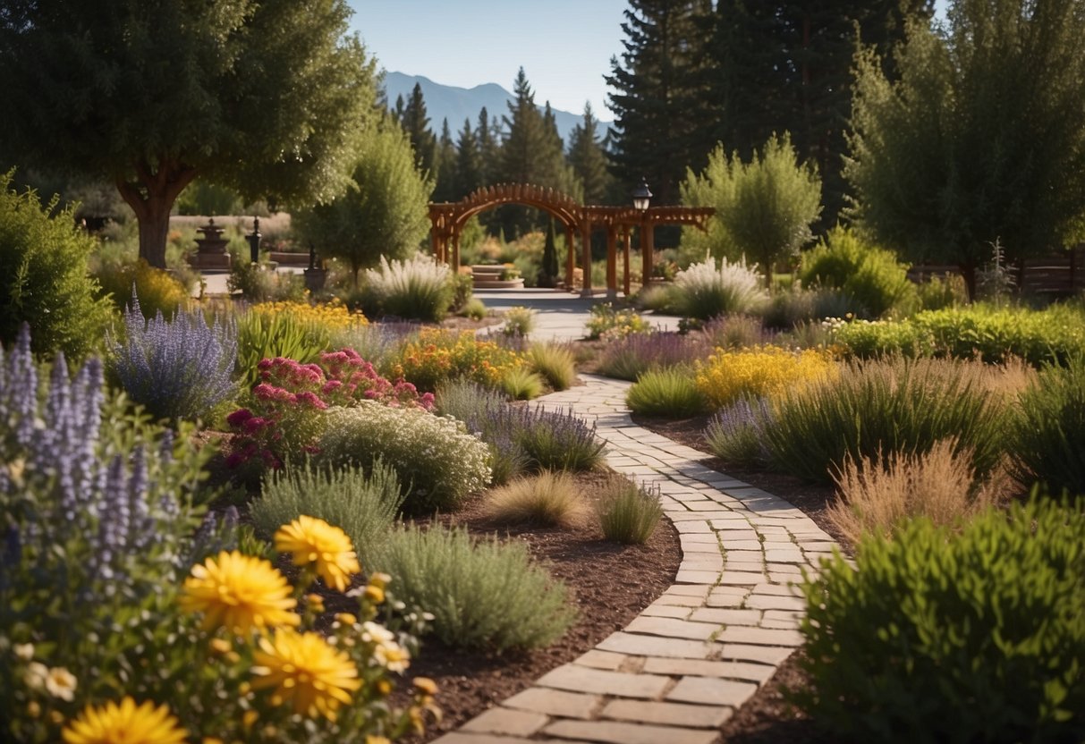 A spacious Montana garden with a variety of flowers, shrubs, and trees arranged in a well-organized layout with winding paths and a central focal point