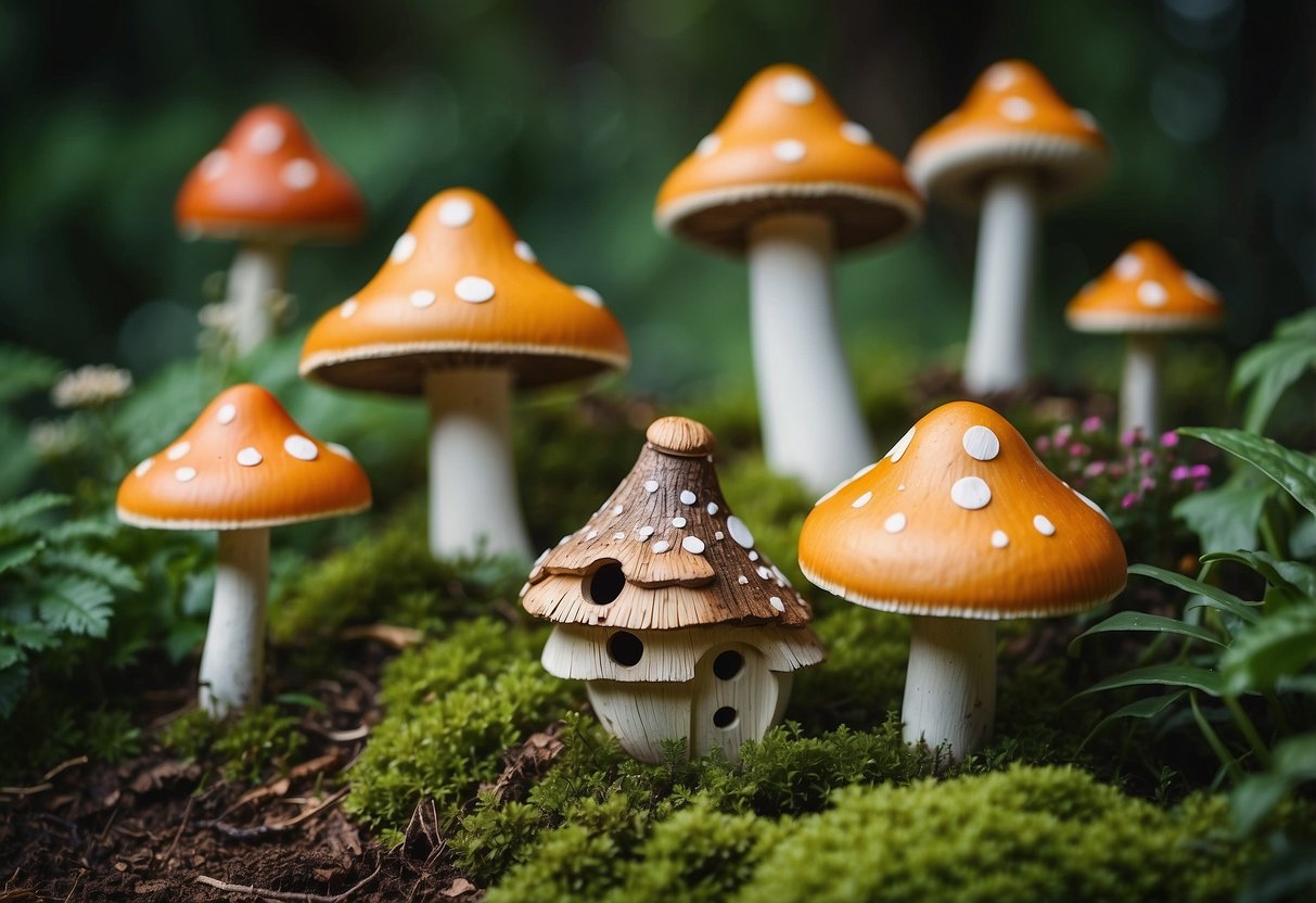 Several mushroom-shaped birdhouses are nestled among a lush garden of various fungi, surrounded by vibrant green plants and colorful flowers